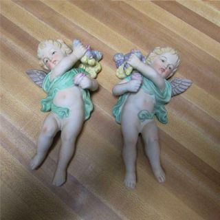 Vintage Napco? Porcelain Or Bisque Wall Hanger Angel Or Cherubs Hand - Painted