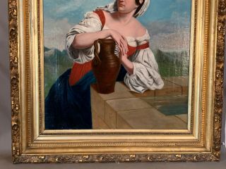 LG Antique 19thC Old VICTORIAN Era LADY at WELL Old CLASSICAL Oil PAINTING Frame 3