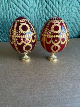 2 Faberge’ Eggs Vintage Ruby Red With Gold Guild Cut Crystal