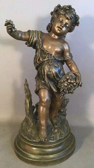 Lg Antique Art Nouveau French Bronzed Putti & Grapes Old Child Statue Sculpture