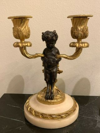 Antique 19th Century Gilt Bronze Faun Candlesticks on Marble Base 3