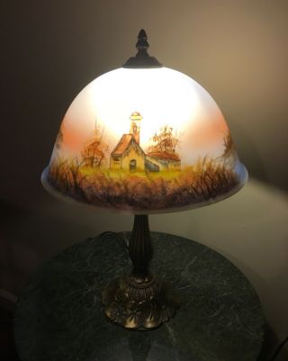 Vintage Reverse Painted Glass Shade Table Lamp