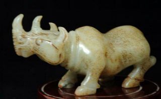Chinese Antique Hand Carved Old He Tian Jade Rhino Statue F02