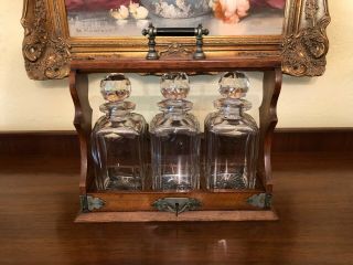 Antique English Oak Tantalus Liquor Cabinet With 3 Decanters & Key
