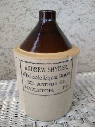 Hazleton Pa Stoneware 1/2 Gallon Whiskey Jug Andrew Snyder Advertising Liquor