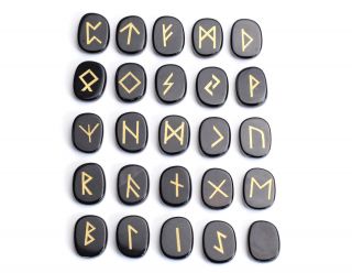 Natural Black Obsidian Palm Stone Engraved Pagan Lettering Wiccan Rune Stone Set