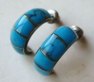 Vtg Navajo Indian Sterling Silver Blue Turquoise Pierced Hoop Earrings