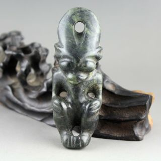 3.  6  Chinese Hongshan Culture Old Green Jade Hand - Carved Sun God Pendant 0017