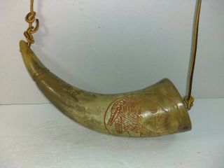 Antique Black Powder Carved Folk Art Powder Horn Dated 1913