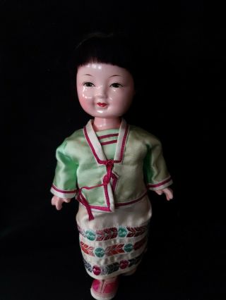 Antique Chinese Composition Doll In Silk Clothing Sweet Girl