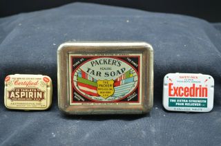 Group Of 3vtg Metal Tins - Wwii Packer Healing Tar Soap (ny),  1972 Excedrin&1939 Asa