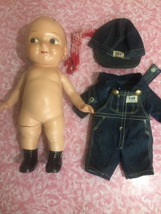 Vtg Buddy Lee Doll Union Made Blue Jean Jacket Overalls Scarf Cracked Head Body 2