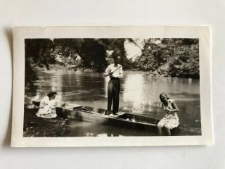 Vintage Velox Black And White Photo Of Man Fishing With Two Women 40 