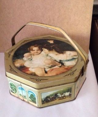 Vintage Sunshine Biscuits Tin Art Paintings Two Young Girls Handled Octagon