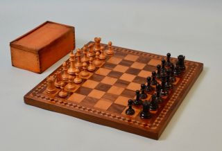 Antique English Satinwood Chess Board & Ayres Ebony Staunton Set 1890 - 1910