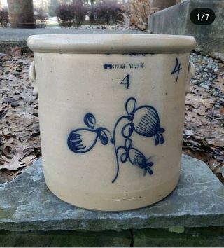 Rare Antique Blue Decorated Penn Yan Stoneware Crock Looking Glass Orchid 4 Gal