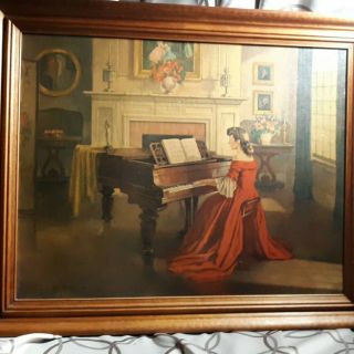 Vintage Lithograph " Sonata " By Artist M Ditlef In Wooden Ornate Frame 33 X 27 "