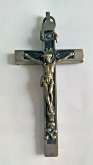 Antique Pectoral Cross Skull & Crossbones Catholic Crucifix Pendant Ebony Wood