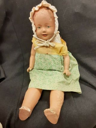 Vintage Antique 24 Inch Composition Baby Doll With Blue Flirty Eyes