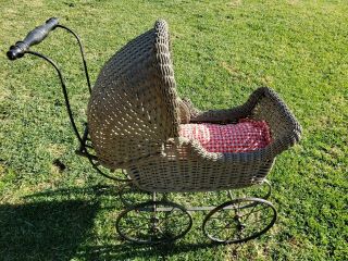 Vintage Victorian Wicker Baby Or Doll Carriage & Stroller With Adjustable Canopy