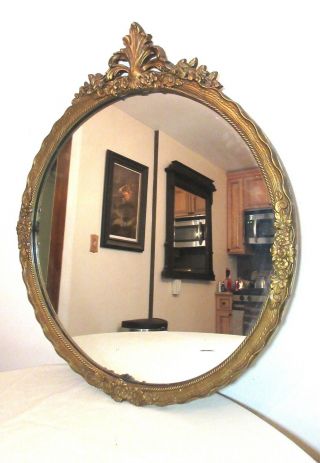 Antique Ornate Victorian Style Carved Gilded Gilt Wood Circular Frame Mirror