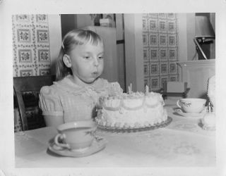 Making A Wish - Little Girl Blows Out Candles 6th Birthday Cake Vtg Photo S38