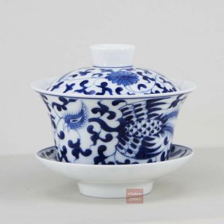 Hand Painted Phoenix Chinese Jingdezhen Blue And White Porcelain Gaiwan Tea Cup