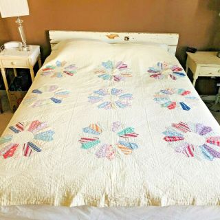 Vtg Queen Size Quilt White W Patch Flowers Handcrafted 78.  X 79 Bedspread Cotton