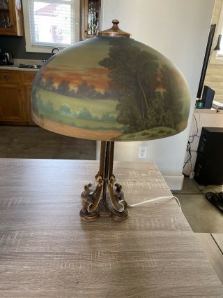 Moe Bridges Company Reverse Hand Painted Table Lamp Circa 1920 Base Glass Shade