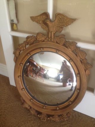 Antique Large Federal Eagle Convex Bullseye Gold Wood Mirror 30 "
