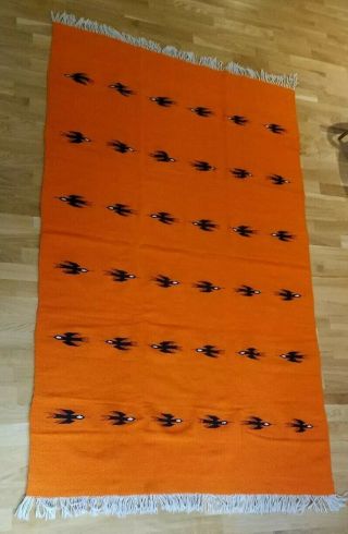 Central Mexico Wool Flying Bird Orange Black Blanket Rug 47 " X 81 " Handmade.