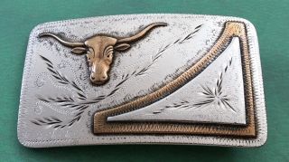 Vtg Handcrafted Silver & Brass Longhorn Steer Western Belt Buckle - Cowboy,  Bull