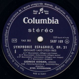 LEONIDE KOGAN,  LALO SYMPHONY FRENCH 60 ' S STEREO LP COLUMBIA SAXF 169 3