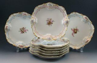 C1910 French Limoges Porcelain 8 Dessert Plates Rare Musical Instrument Motif