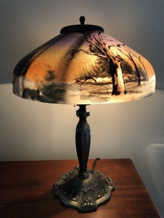 Antique Pittsburgh Reverse Painted Winter Pine Tree Shade Desk Lamp