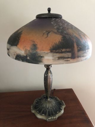 Antique Pittsburgh Reverse Painted Winter Pine Tree Shade Desk Lamp 2