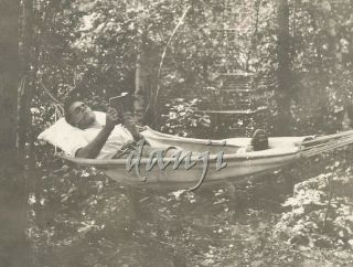 Studly Man Lying In A Hammock Smoking A Pipe,  Reading A Book Old Photo,  Negative