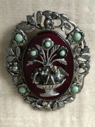 Vintage Sterling Silver Mexican Pin Brooch with Flower Pot Birds Green Stones 2