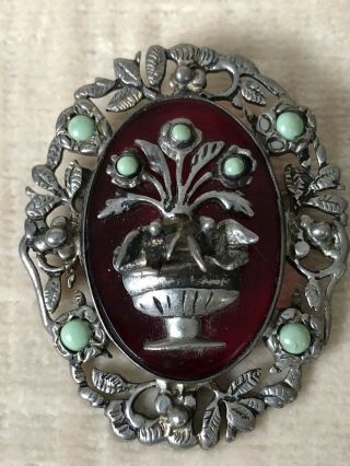 Vintage Sterling Silver Mexican Pin Brooch with Flower Pot Birds Green Stones 3