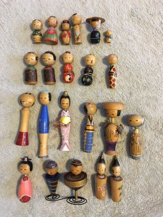 22 Old Kokeshi Dolls Traditional Japanese Toy,