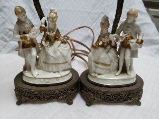 Dresden Porcelain Table Lamp Set Courting Couple Rare Antique Matching Pair -
