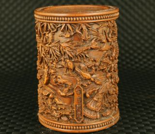 Asian Rare Old Boxwood Song Of The Phoenix Statue Brush Pot / Vase Decoration