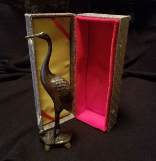 Vintage Bronze Crane Standing On Turtle With Box Over 35 Years Old