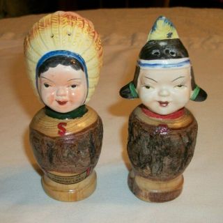 Indian Salt & Pepper Shakers - Heads On Wood - Souvenir Of Pontiac Lake