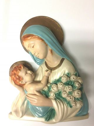Vintage Religious Chalkware Virgin Mary Madonna And Child Jesus Rare Wall Plaque