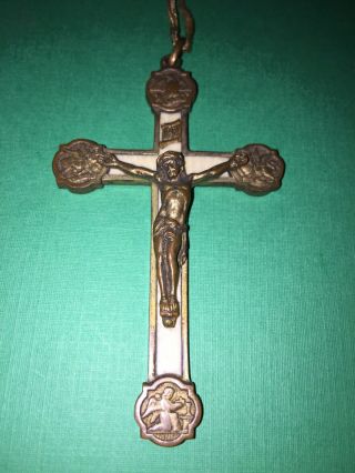 Antique Brass Crucifix Bone Inlay Vintage Religious Artifact Pendant Cross Charm