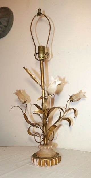 Vintage Hand Carved Alabaster Gold Gilded Wrought Iron Ornate Floral Table Lamp