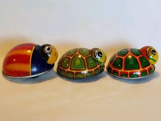 Vintage Tin Friction Toy 1 Lady Bug & 2 Turtles Made In Japan K Manufacturing 2