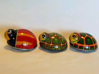 Vintage Tin Friction Toy 1 Lady Bug & 2 Turtles Made In Japan K Manufacturing 3