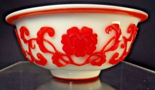 Late 19th/early 20th C.  Chinese Overlay Carved Peking Glass Bowl With Peonies
